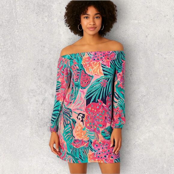 Lilly Pulitzer Off Shoulder Dress Size M Multicolor Long Sleeve Resort Boho - Picture 1 of 9